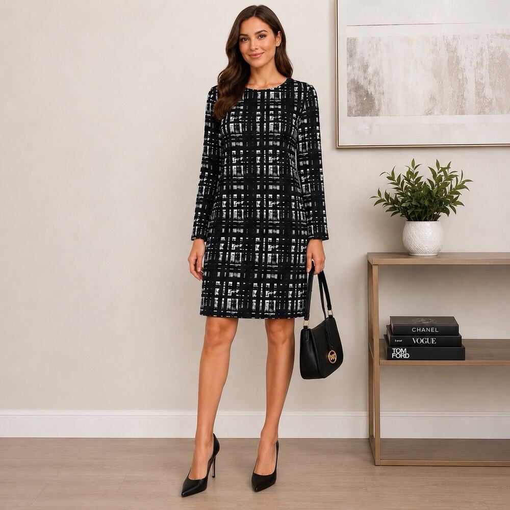 Michael Kors Day Dress Size L Black Plaid Long Sleeve Stretch Sheath Essentials